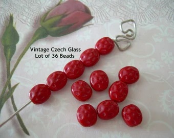 36 Petite Vintage Glass Beads Strawberry Red Czech Lentils