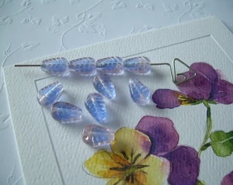10 Vintage Glass Leaf Beads Blue Pink Accents Czech Leaves